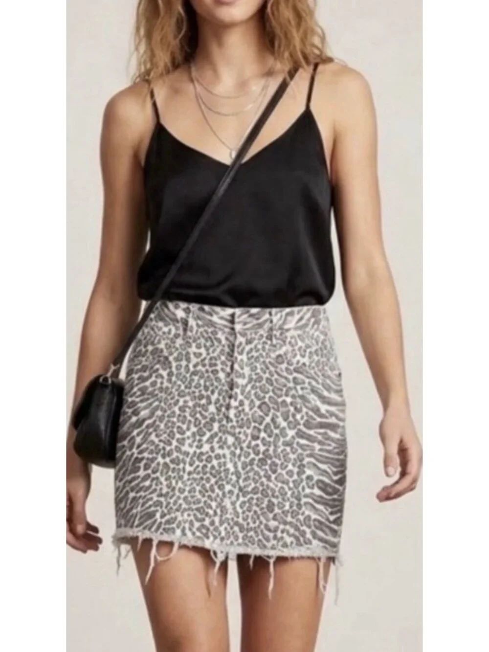 Current/Elliott Gray White Leopard Print Denim Jean Mini Skirt Raw Hem 23 00